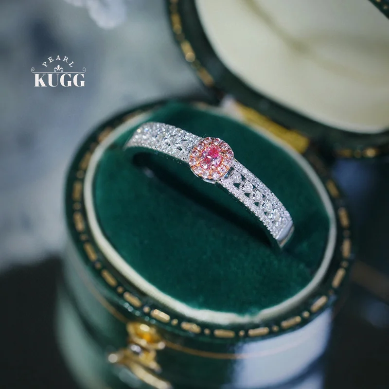 KUGG 100% 18K White Gold Rings Elegant Skeleton Design Real Natural Pink Diamond Engagement Ring for Women High Wedding Jewelry