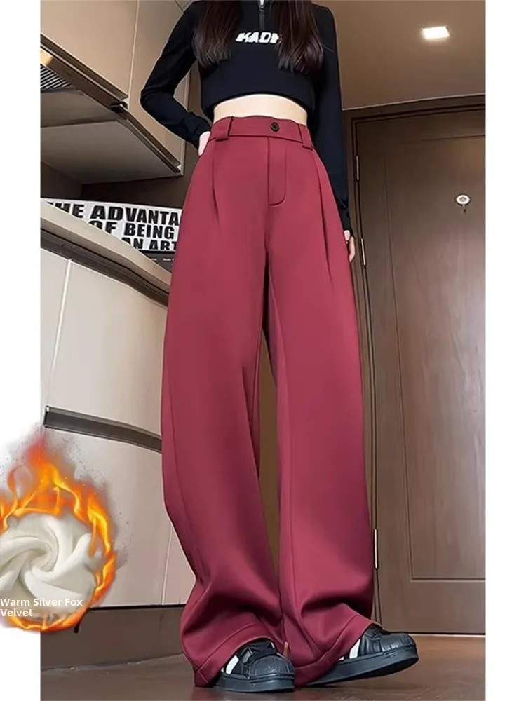 

Ankang Красные брюки на подкладке Fce Thiened Осень Зима Мужчины Женщины Повседневный костюм Брюки Утягивающие драпированные широкие длинные брюки с высокой талией