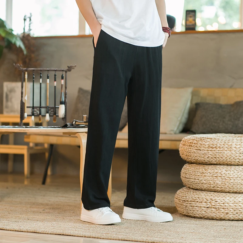 

Simple Cotton Casual Pants for Men's Summer Drape, Elastic Linen Fabric, Chinese Style Pants Men Clothing