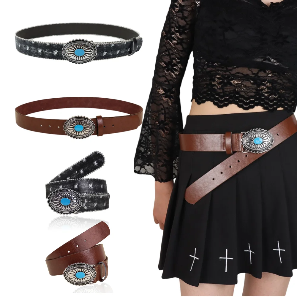 UYEE Hot Y2K Hollow Western Style Exaggerated Cowboy Wide Disc Belt Women Vintage Soft Durable Belt Waistband Dress Accessories