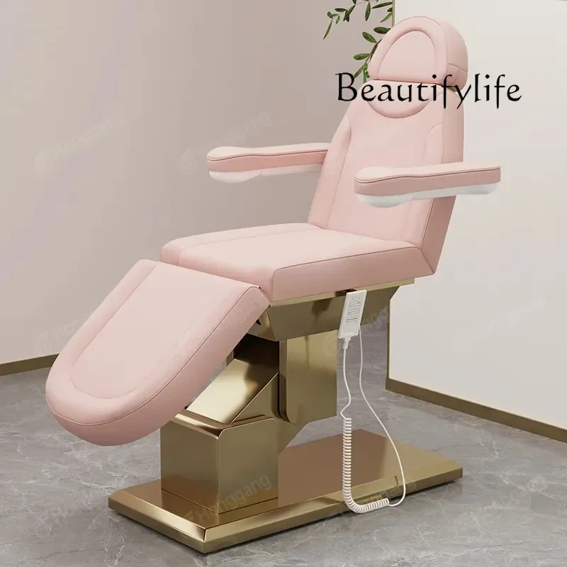 for Beauty Salons Electric Lift Beauty Care Bed Tattoo Couch Micro-Finishing Golden Base with Armrest Head Hole