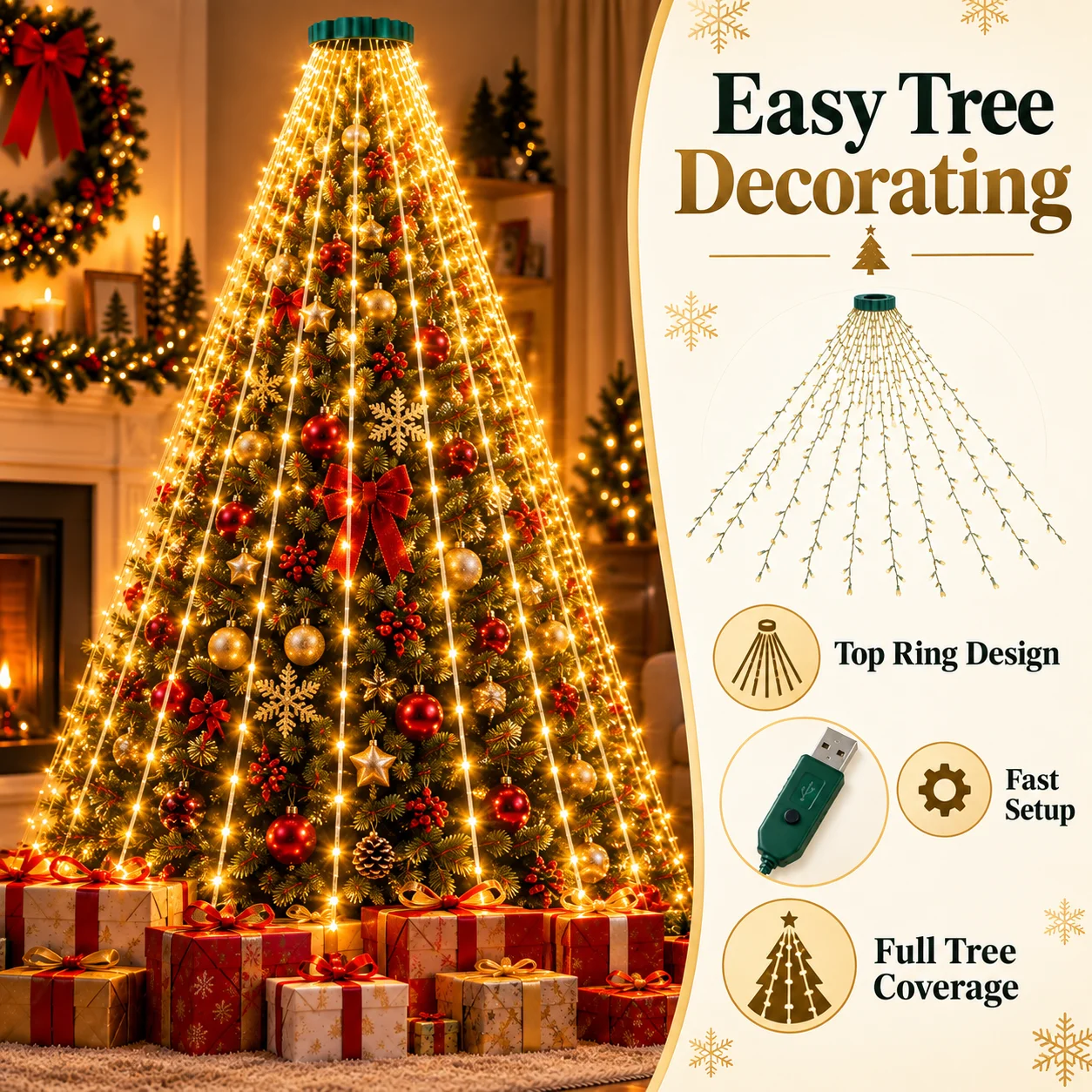 Christmas Tree Lights USB LED Ring Tree 220/400LED Warm White 8 Modes for Window Wall Door Bedroom Party Holiday Decor