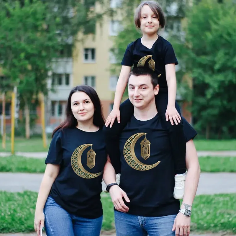 Ramadan Kareem Moon T-Shirt Muslim Festival Cotton Family Matching Outfits Dad Mom and Kids Eid Al Fitr Family T Shirt Gift