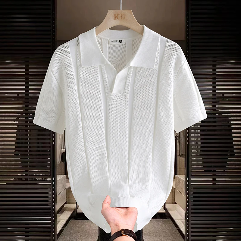 Summer Knitted Polo Shirts Men Fashion Loose Business Casual Short Sleeve T-shirt Cool Breathable Sweater T Shirt Tops men
