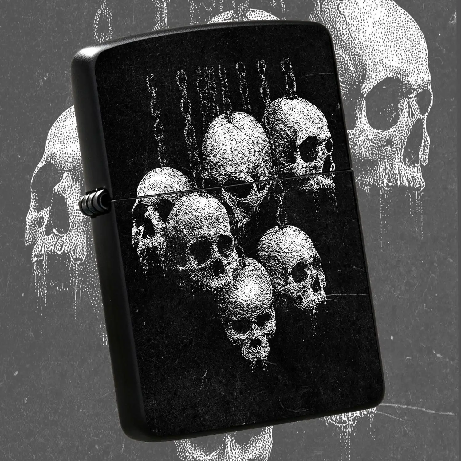 Vintage Stippling Art Skull Hanging Chain Themed Lighter, Dark Aesthetic Portable Ignition Accessory, Stylish Practical Daily Carry Item, Perfect For Outdoor Camping, Home Use, Gifting To Friends, Unique Decorative Functional Tool For All S