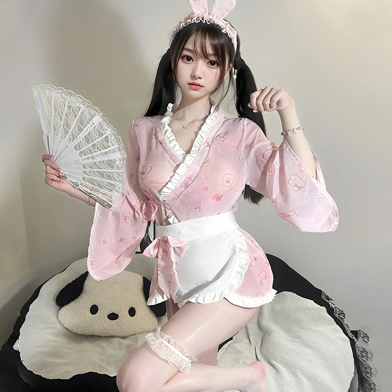 

Cute Rabbit Printed Kimono Uniform Cosplay Costume Women Sexy Underwear Japanese Girl Role Play Outfits Lingerie Nightwear