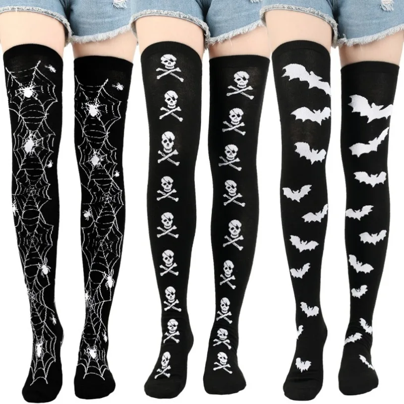 Skull Thigh High Stockings Womens Ladies Halloween Girls Black White pink Long Over Above Knee Socks Striped Cosplay Harajuku