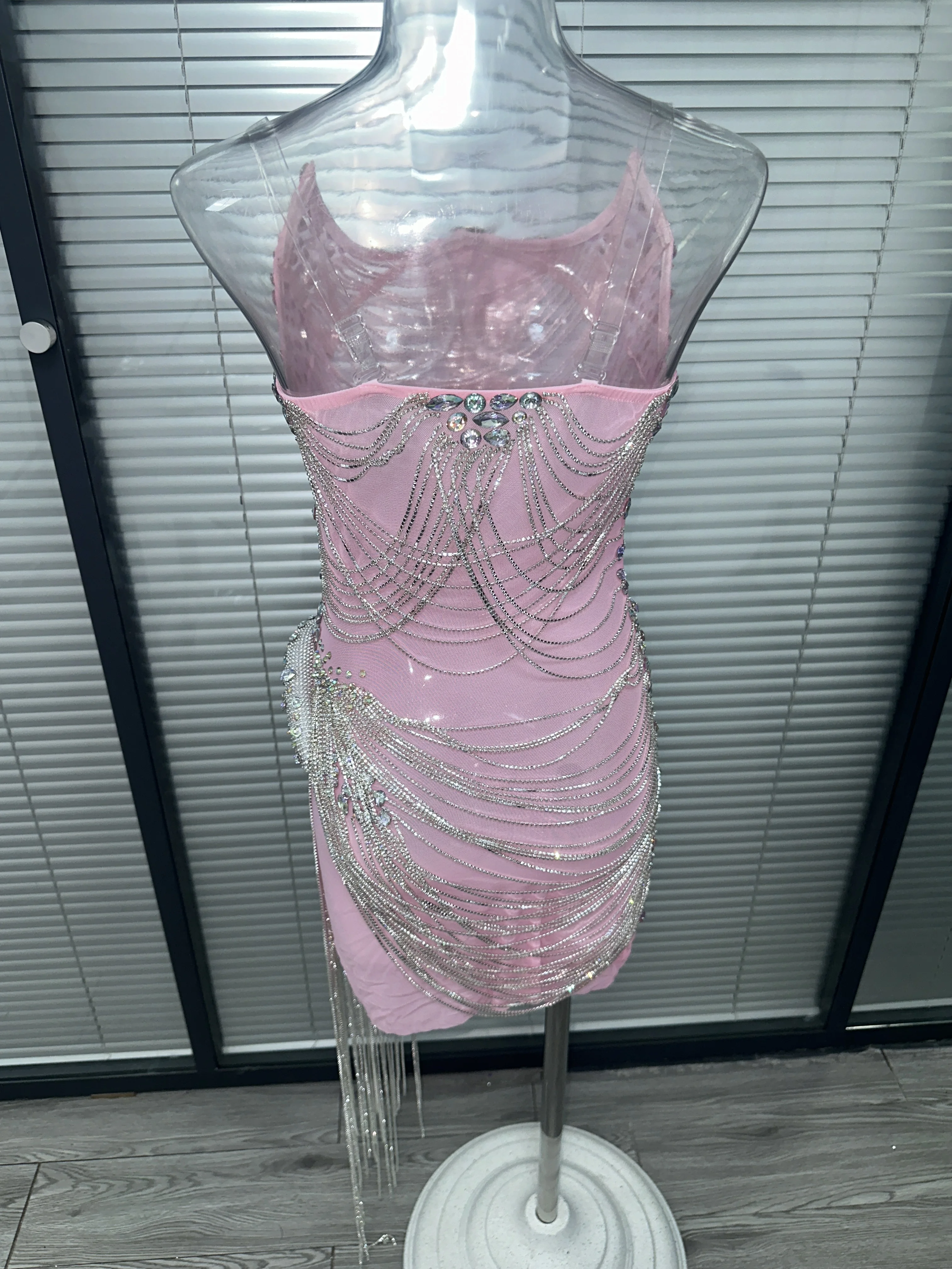 Sparkly Crystals Tassel Dress Women Sexy Asymmetrical Party Gown Strapless Birthday Party See Through Mesh Evening Dress Luoli