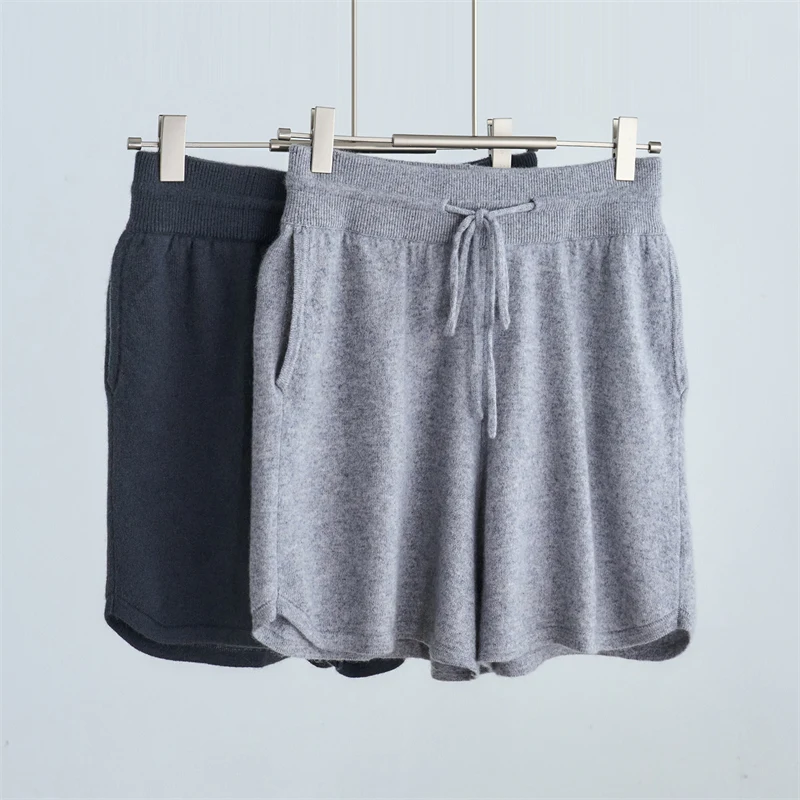 

Женские шерстяные шорты с эластичной резинкой на талии, простые прямые короткие брюки с карманами на шнуровке, повседневные шорты из 100% мериносовой шерсти, осенне-зимние шорты