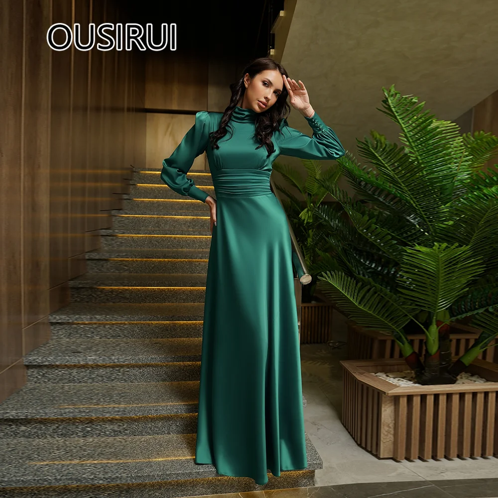 

Simple High Neck Satin Evening Bridesmaid Gown Zipper Court A-line Backelss Prom Gown with Long Sleeve Custom Made