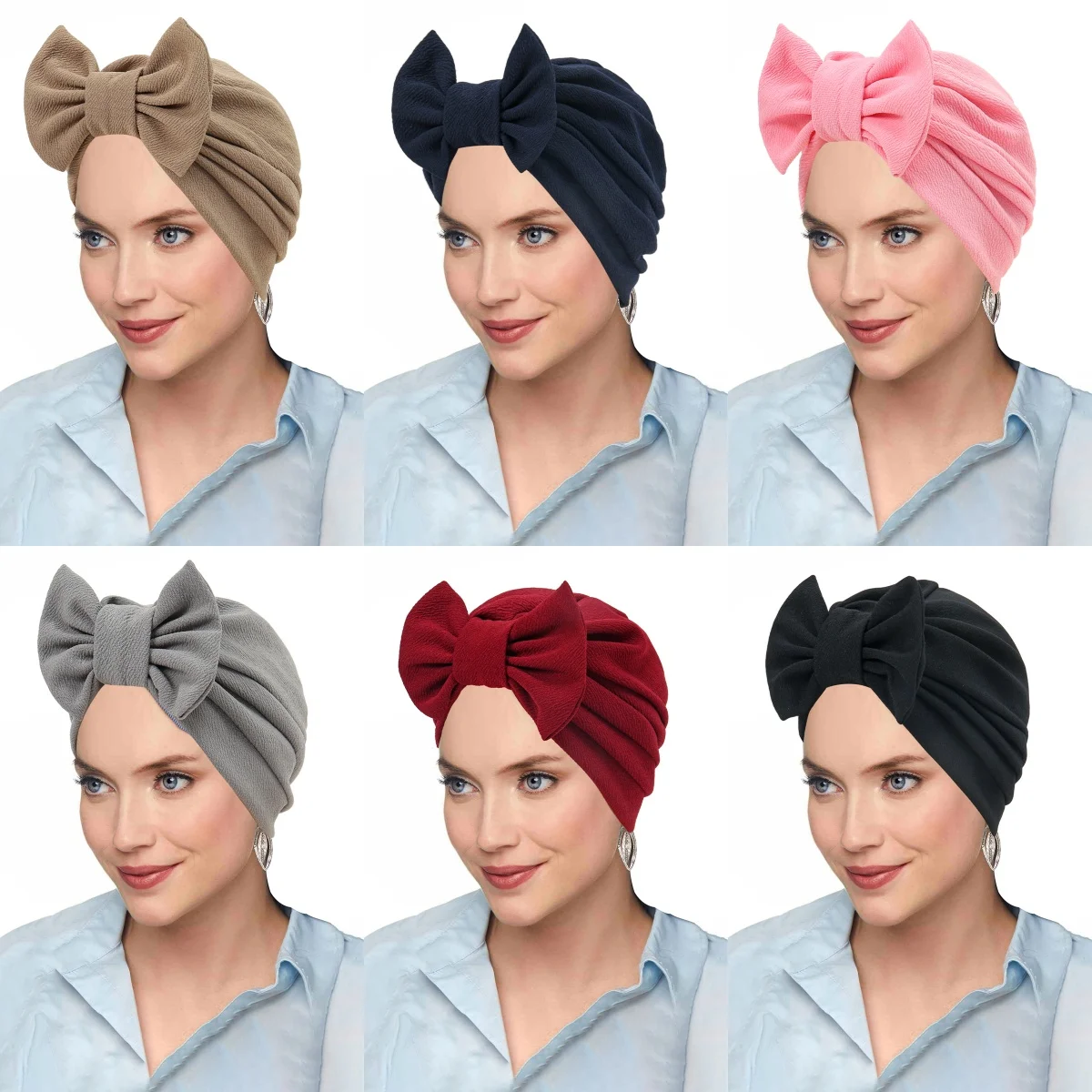 New Fashion Bow Women Muslim Hijab Caps Wrap Head Soft Strech Ladies Turban Bonnet Solid Color Headdress Wearable