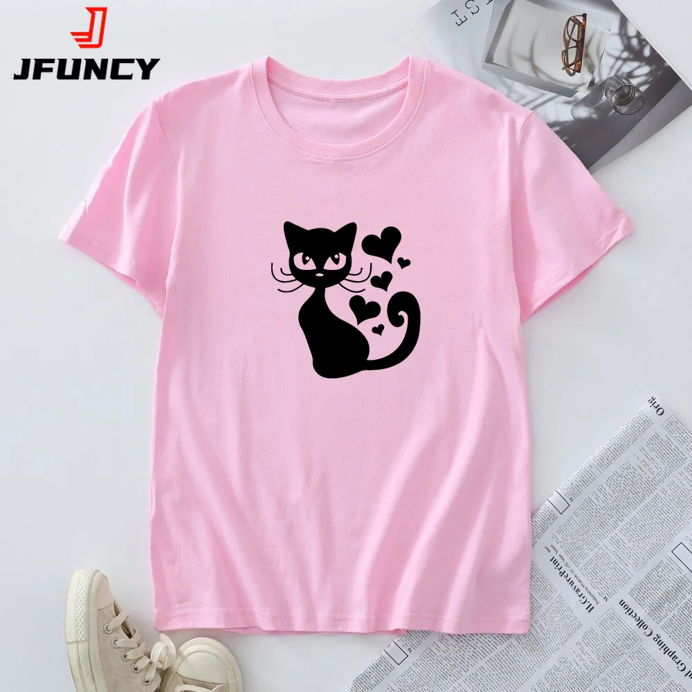 

100% Cotton Women's T Shirts Oversized Casual Tee 2025 Summer Soft Short Sleeve Tshirt New Cat Graphic Woman Top Female Clothing