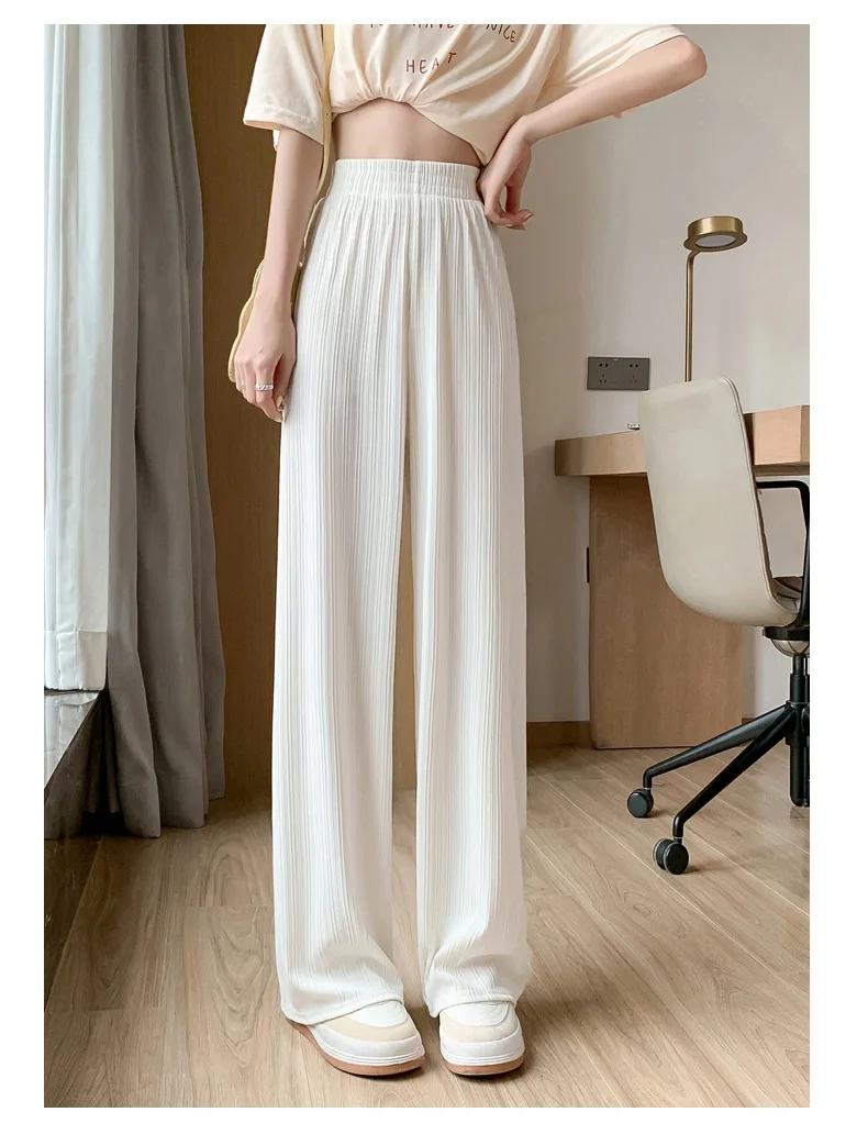 Damen-Hose aus Eisseide mit weitem Bein, Sommerhose mit hoher Taille und vertikalen Streifen, lockere, gerade geschnittene Hose in Bodenlänge, lässige, kühle Hose, schmale Passform. – Detail 3