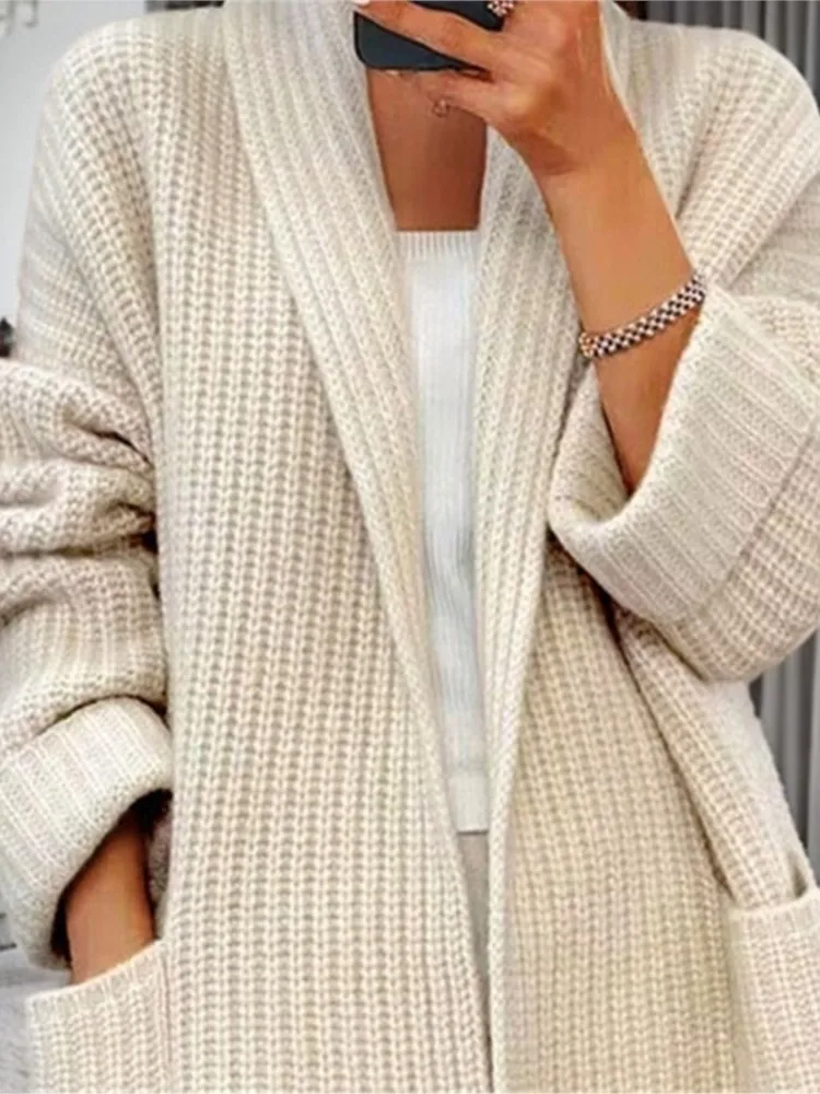 Gebreid vest voor dames Mode Effen kleur V-hals met zak Losse lange elegante trui Herfst Winter Dame Kantoortruien