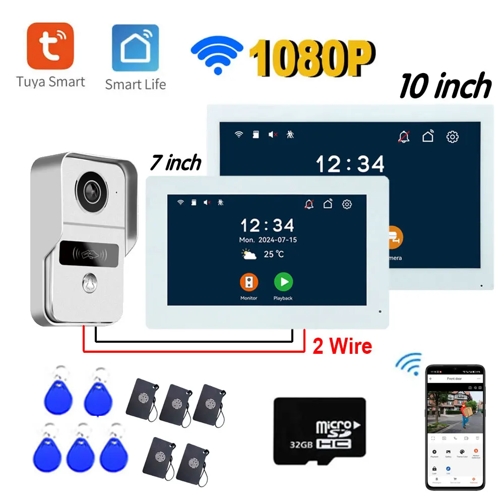 7/10inch Wifi  2 Wire Intercom Door Bell Video Intercom System For Home Doorphone  WiFi Tuya Smart Life APP 1080P Touch Monitor