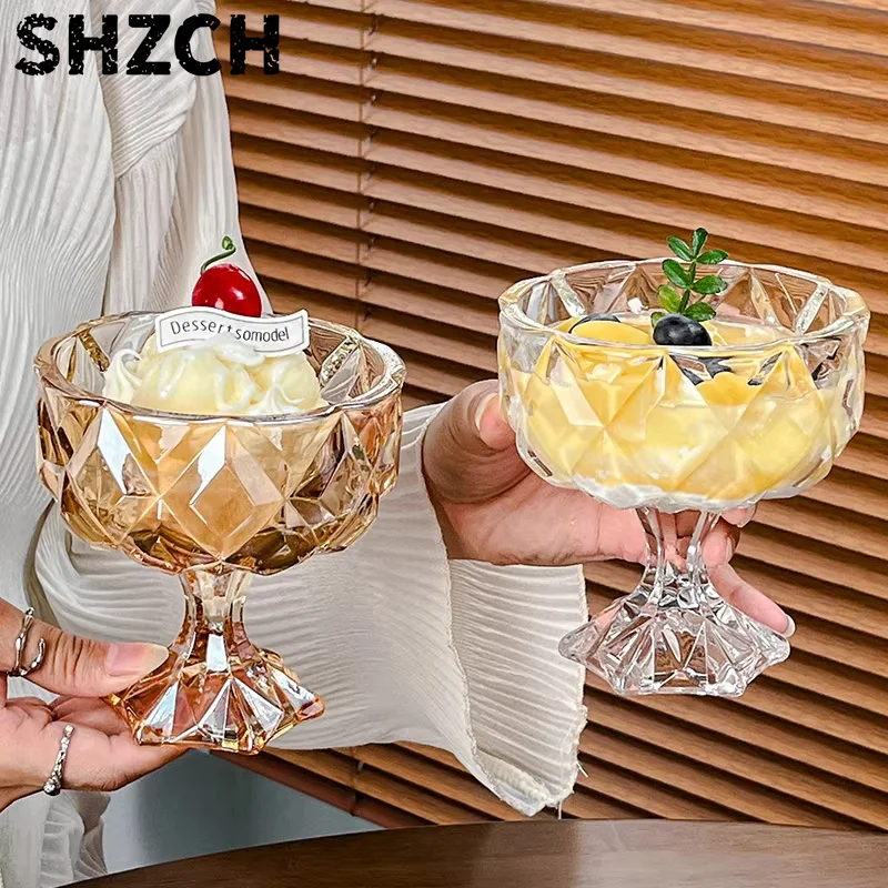 Vaso de cristal de 300ml para helado, estilo INS, para postres, yogur, pintado a mano, copa para frutas, pudín, ensalada, jugo,