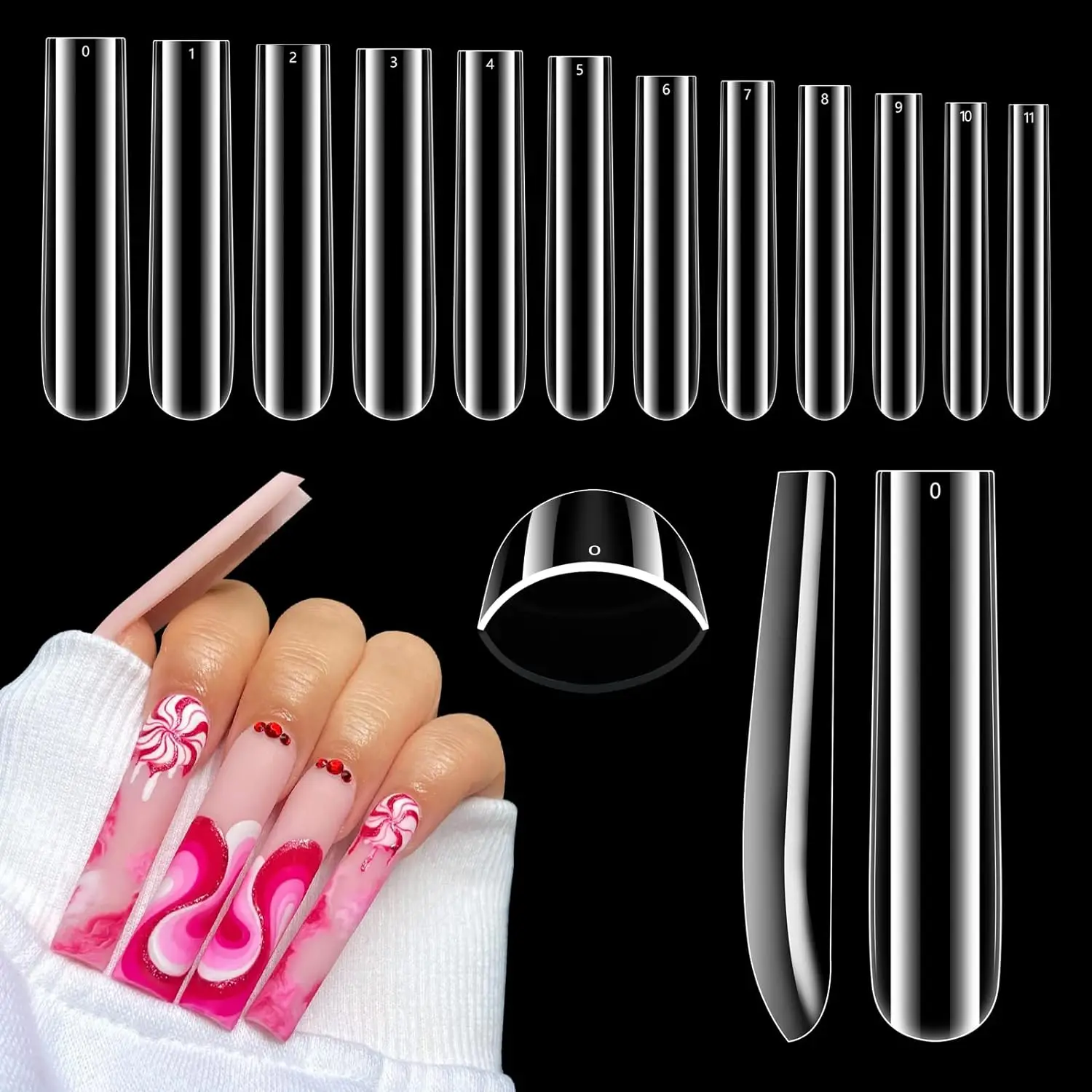 

3XL Clear Full Cover Nail Tips for Acrylic Nails , 504Pcs Extra Long Tapered Square, 12 Sizes Straight Press On Gel Nail Tips