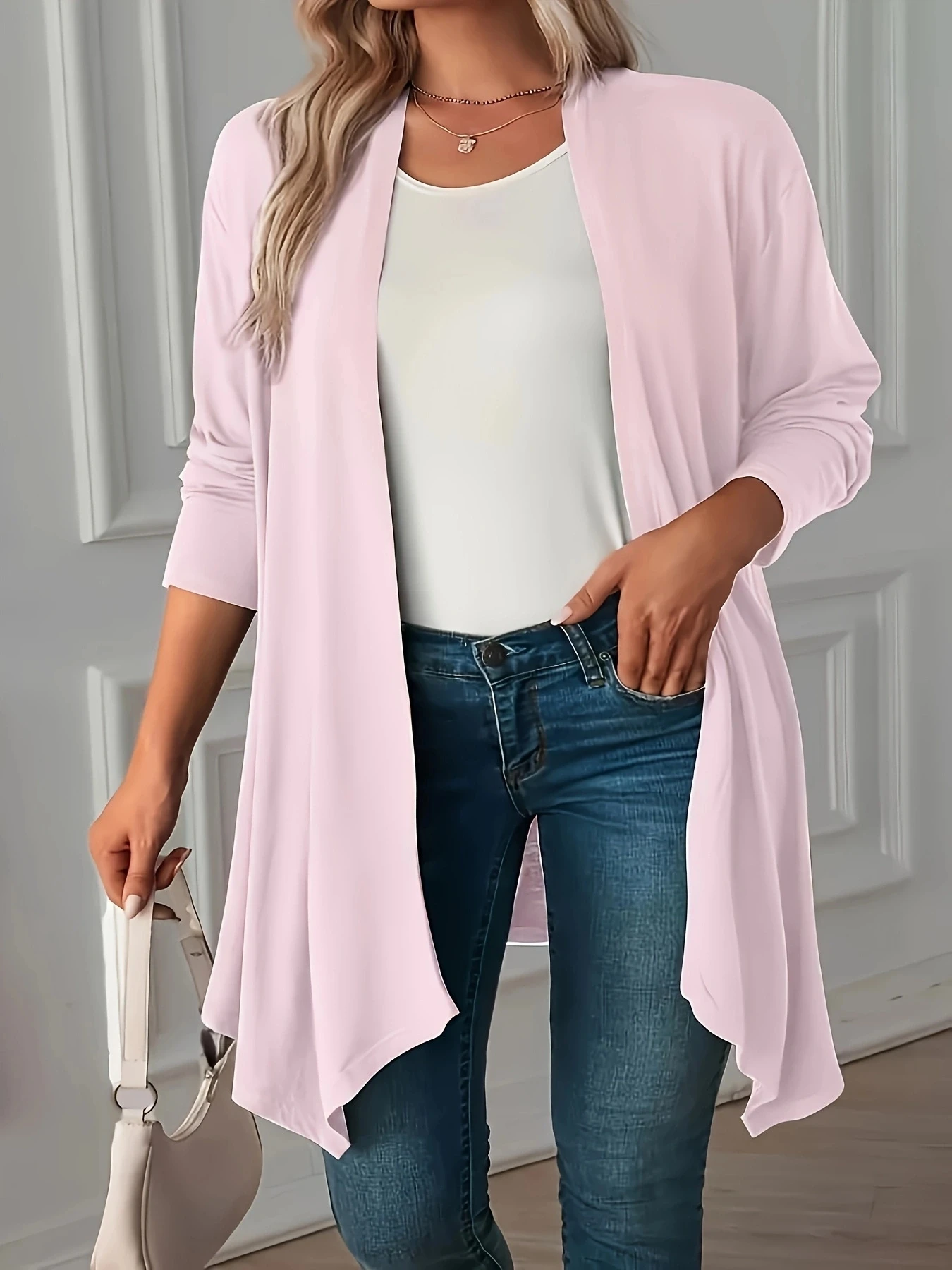 Plus Size Solid Color Open Front Top, Casualowy top z długim rękawem na wiosnę i jesień, odzież damska w dużych rozmiarach