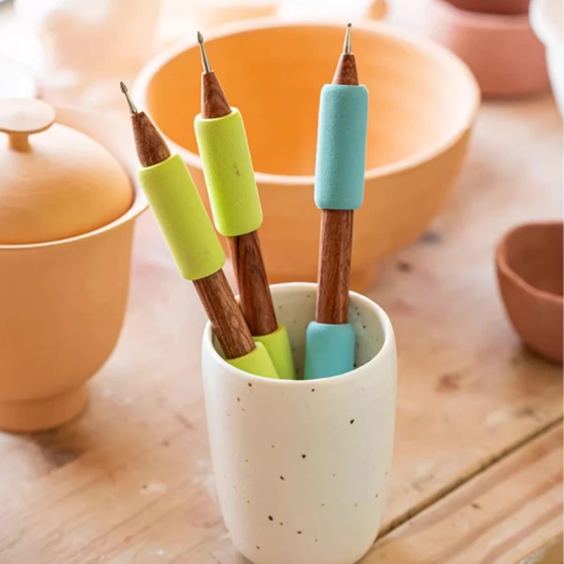 Pottery Double-headed Carving Needle Wooden Handle Clay Sculpture Carving Needle DIY Ceramic Texture Flower-shaped Ceramic Tool image 5