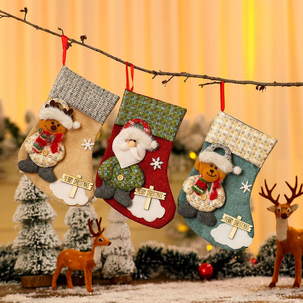 4 أنماط عيد الميلاد الجوارب الحياكة الكرتون ندفة الثلج علامة خشبية كيس الحلوى عيد الميلاد الديكور للمنزل شجرة عيد الميلاد هدية مزخرفة
