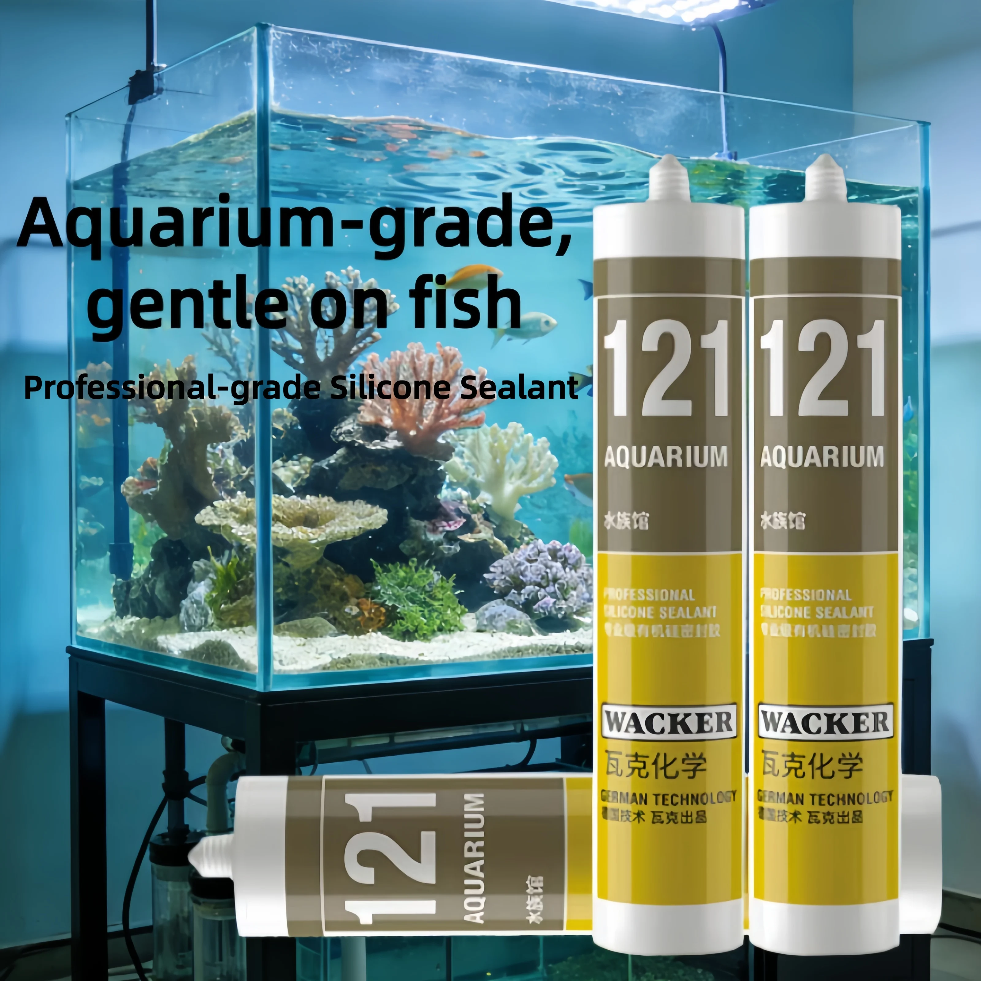 Wacker 121 Aquarium Silicone Sealant, Professional Acetic Cure Silicone Adhesive for Fish Tank