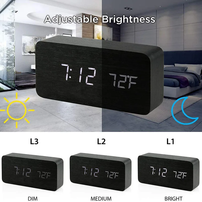 Wooden Digital Alarm Clock with Temperature 3