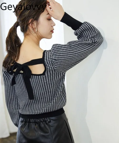 

Короткий пуловер с галстуком и бантом в японском стиле, свитер с квадратным вырезом, осень-зима, новый милый универсальный вязаный свитер с длинными рукавами для девочек