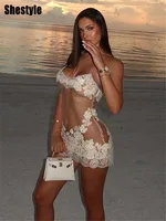 Shestyle-minivestido transparente de encaje para mujer, vestido Sexy envolvente con bordado de espagueti, funda de flores, ropa de dormir para discoteca, malla ondulada