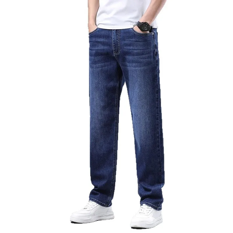 Men's Loose Straight Leg High Elasticity Fleece Lined Jeans Youth Stretch Long Trousers plus Size Trendy Casual Fashion