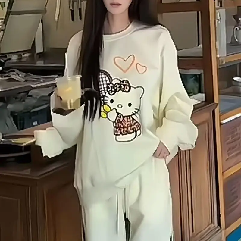 Vintage Kitty Print Rundhalspullover Harajuku Hoodie Damen Herbst Sweatshirt Kawaii Hello Kitty Sweatshirts