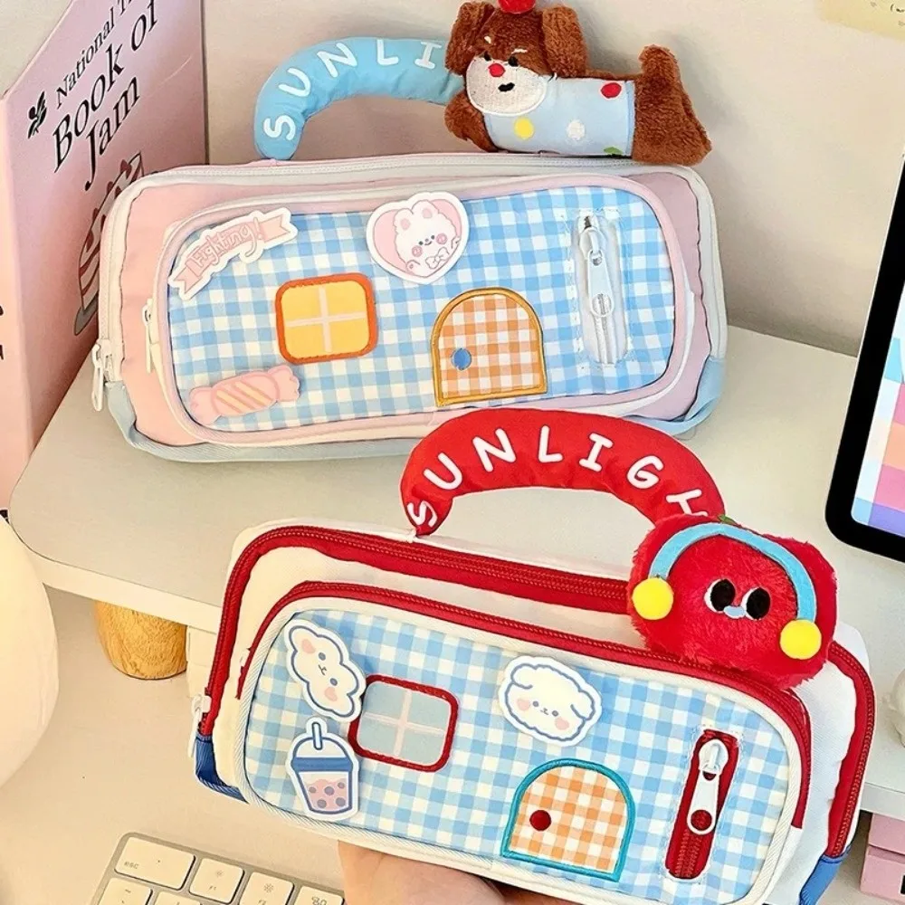 High Appearance Large Capacity Pencil Pouch House Design Color-Blocked Pencil Case Portable Handle Pen Bag School Supplies