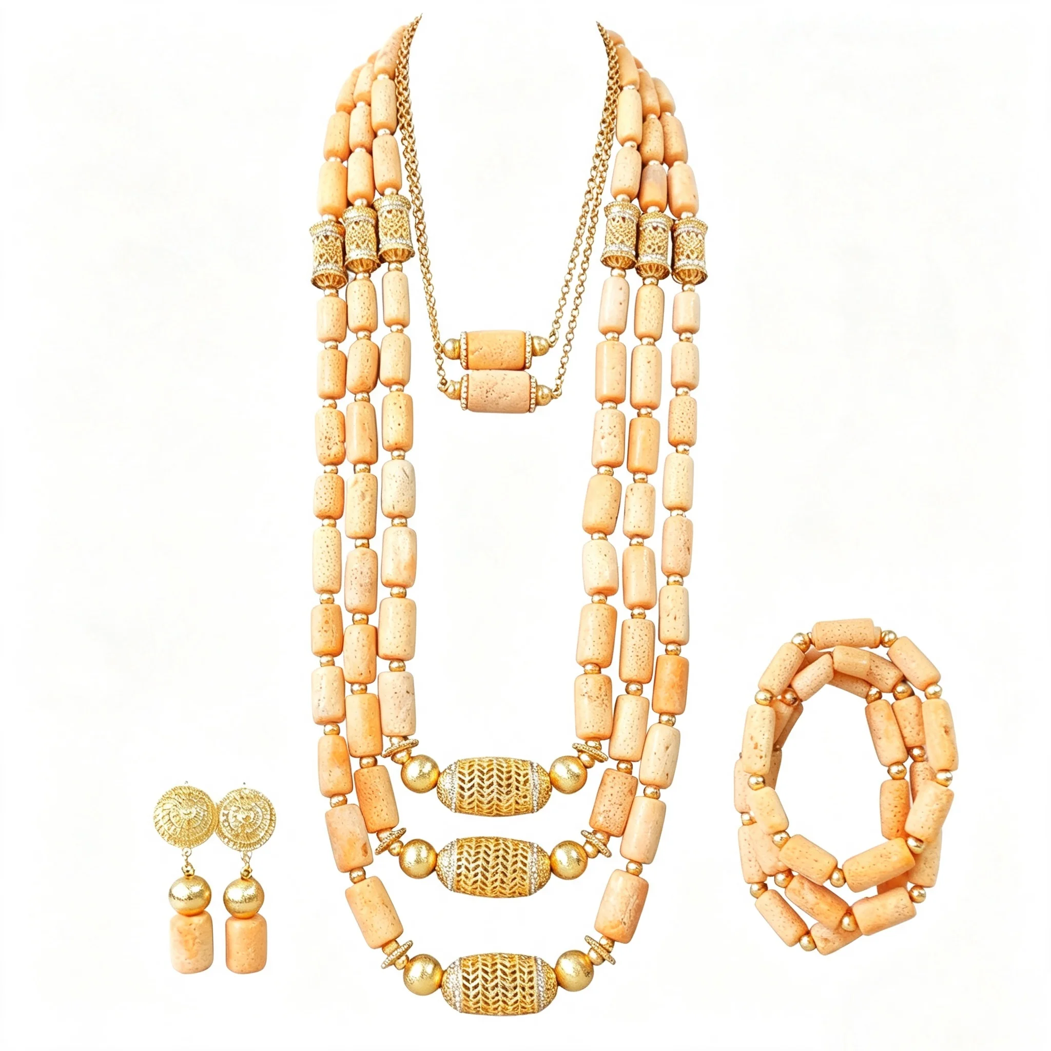 18inches chain and 32inch 3layers necklace Nigeria Coral Jewelry Original Coral Beads African Jewelry Sets for Women