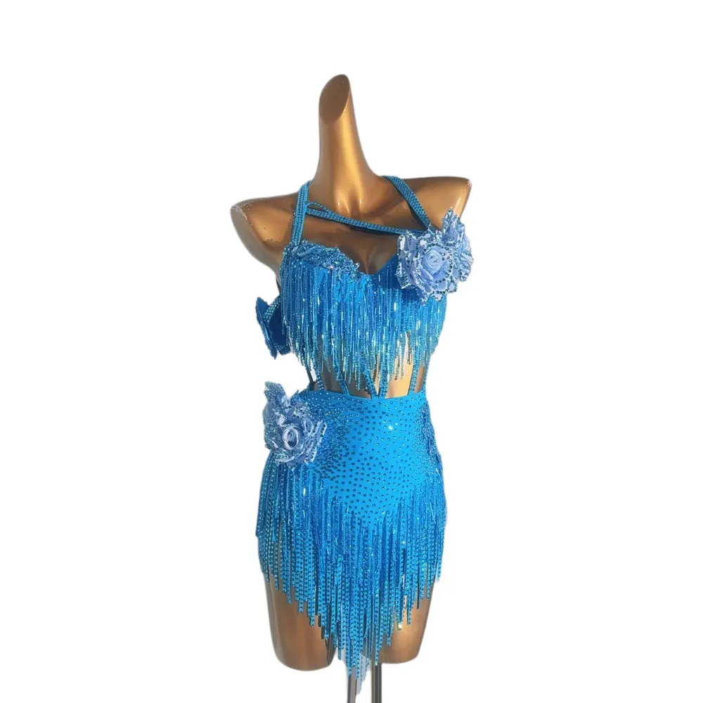 Latin Dancer, Adult, And Children'S High-End Custom Blue Handmade Flower Cha Cha Tango Rhinestone Performance Dress