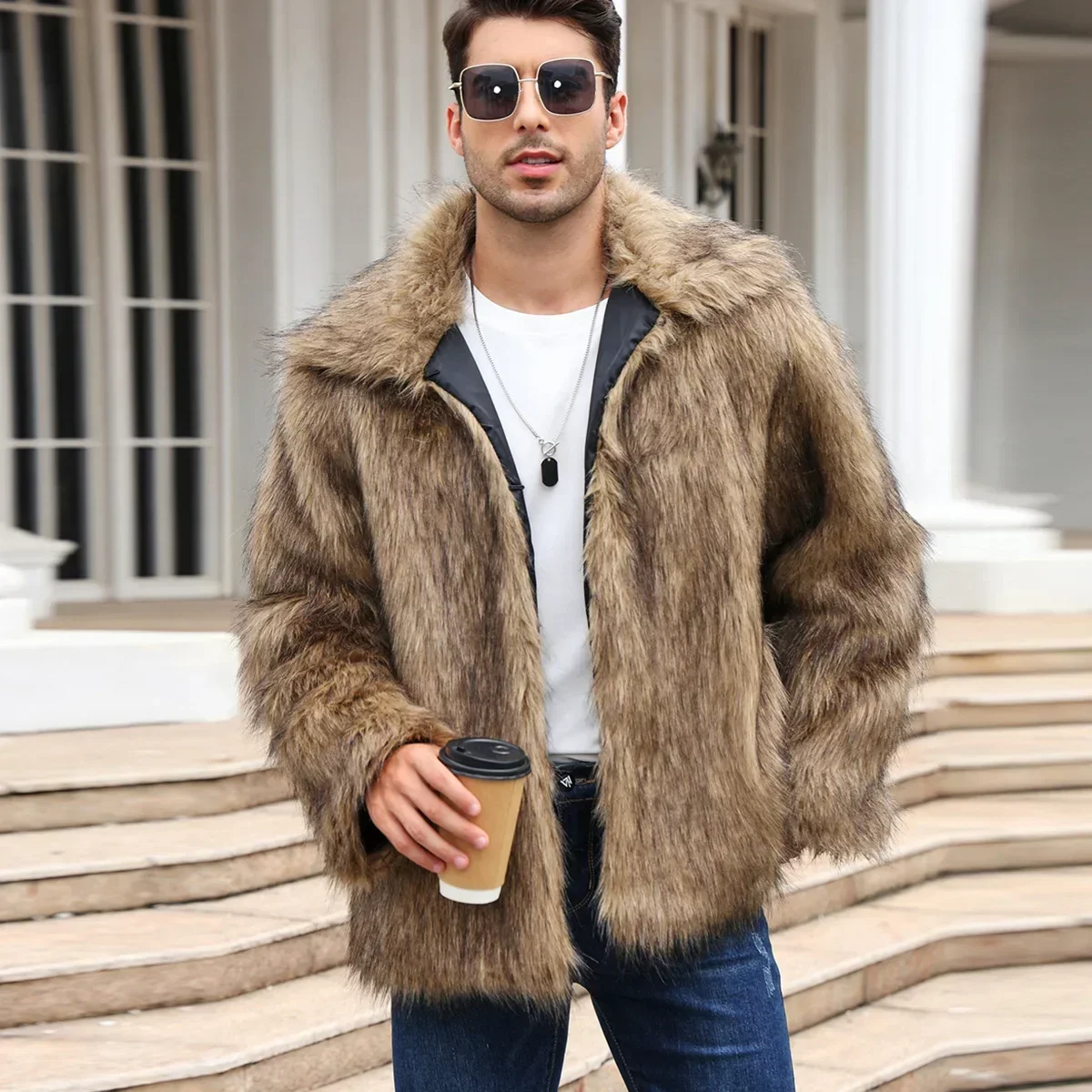 Men Faux Fox Fur Jacket Coat Winter Thick Fluffy Long Sleeve Lapel Warm Shaggy Outerwear Luxury Fur Jacket Bontjas Jackets Mens