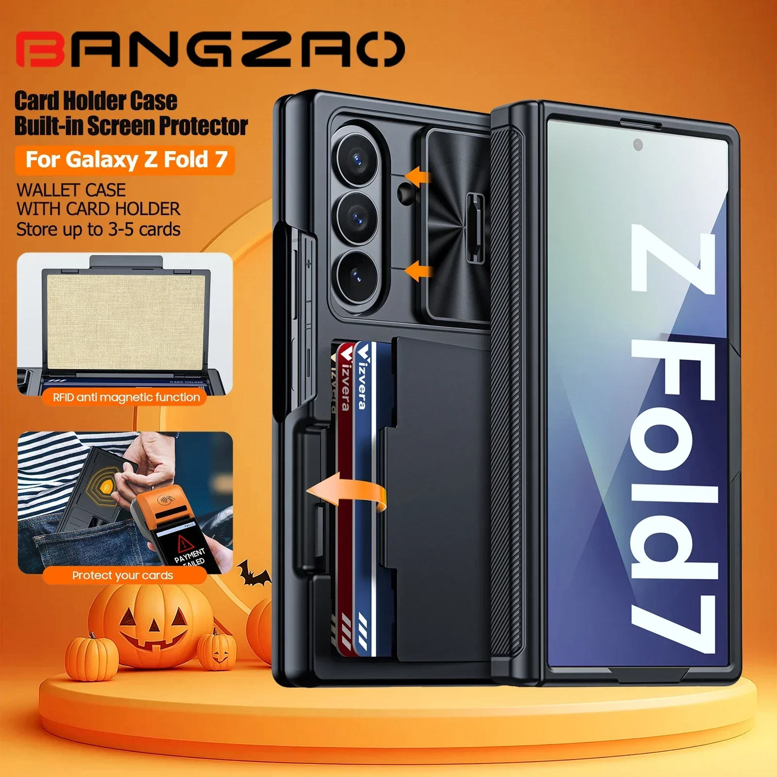 

Подарки на Хэллоуин для Galaxy Z Fold 7, RFID-кошелек с держателем для карт, шарнирной крышкой, крышкой камеры, противоударным силиконовым чехлом для телефона - черный