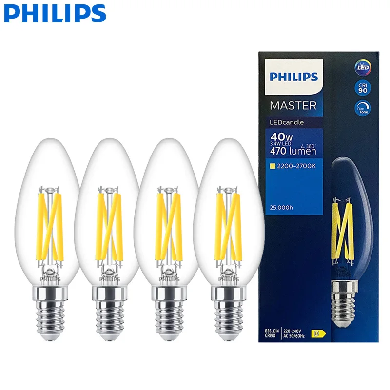 Philips Master LED Candle E14 Filament Lamps 3.4W(=40W) B35 Clear Bulbs 220-240V DimTone Dimmable Warm White Indoor Light