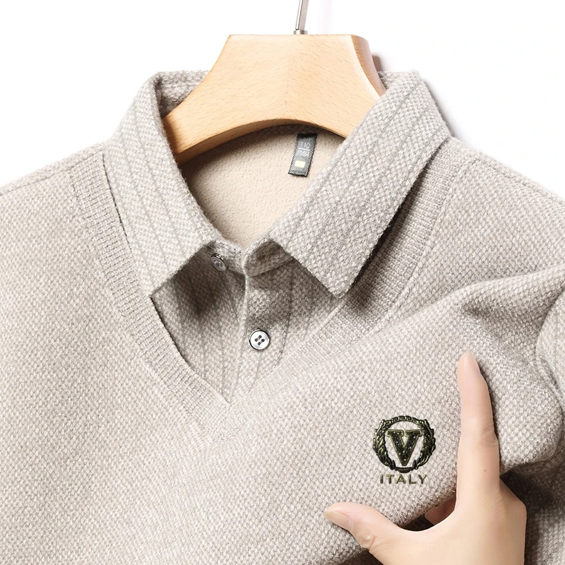 

New High Grade Luxury Men's Fake Two Pieces Shirt Collar V Letter Print Sweater Pullover Winter Fashion Casual Hot Sale Menswear