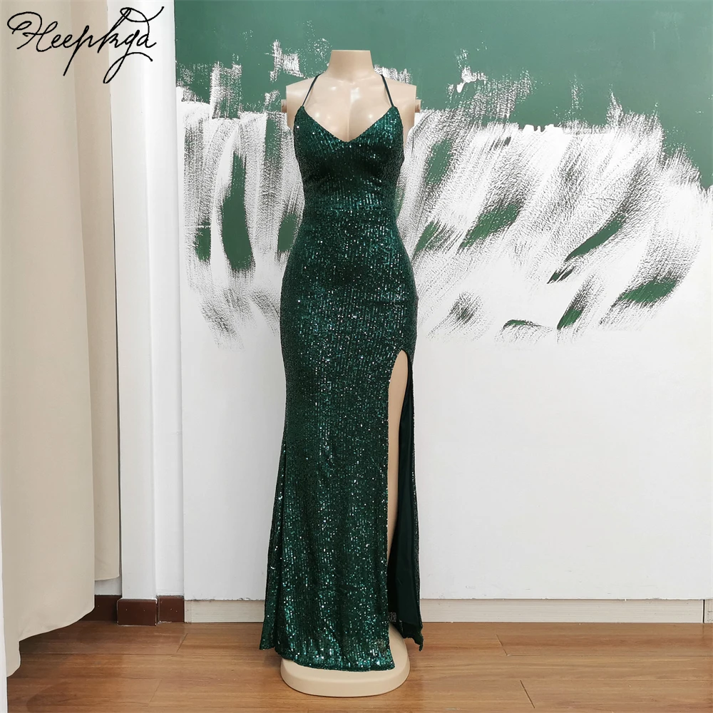 Green Mermaid Backless Long 2024 Evening Dress Stretchy Sequin Side Split Spaghetti Straps Women Formal Occasion Gowns In Stock