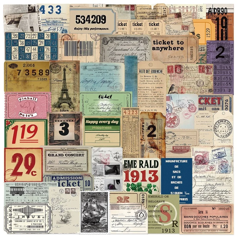 

10/30/50PCS Vintage Tickets Colored PVC Sticker Aesthetic DIY Decoration Phone Laptop Luggage Skateboard Graffiti Decals