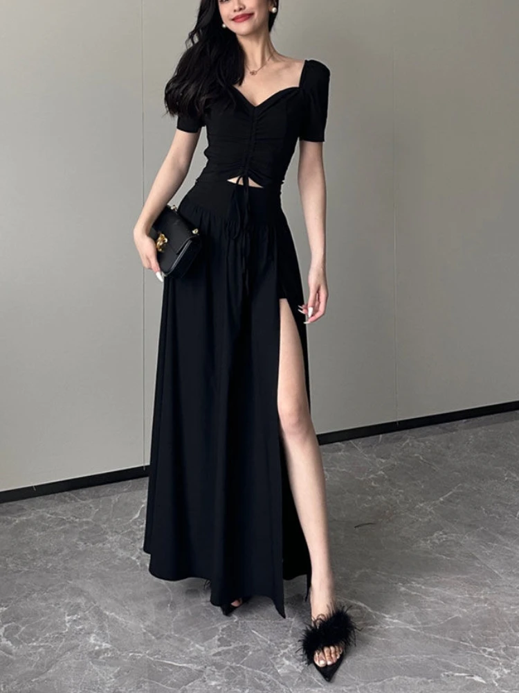 

Summer Black Vintage Two Piece Skirt Set WomenDesigner Party Midi Skirt Suit Femake Korean Fashion Elegant Split Skirt Set 2023