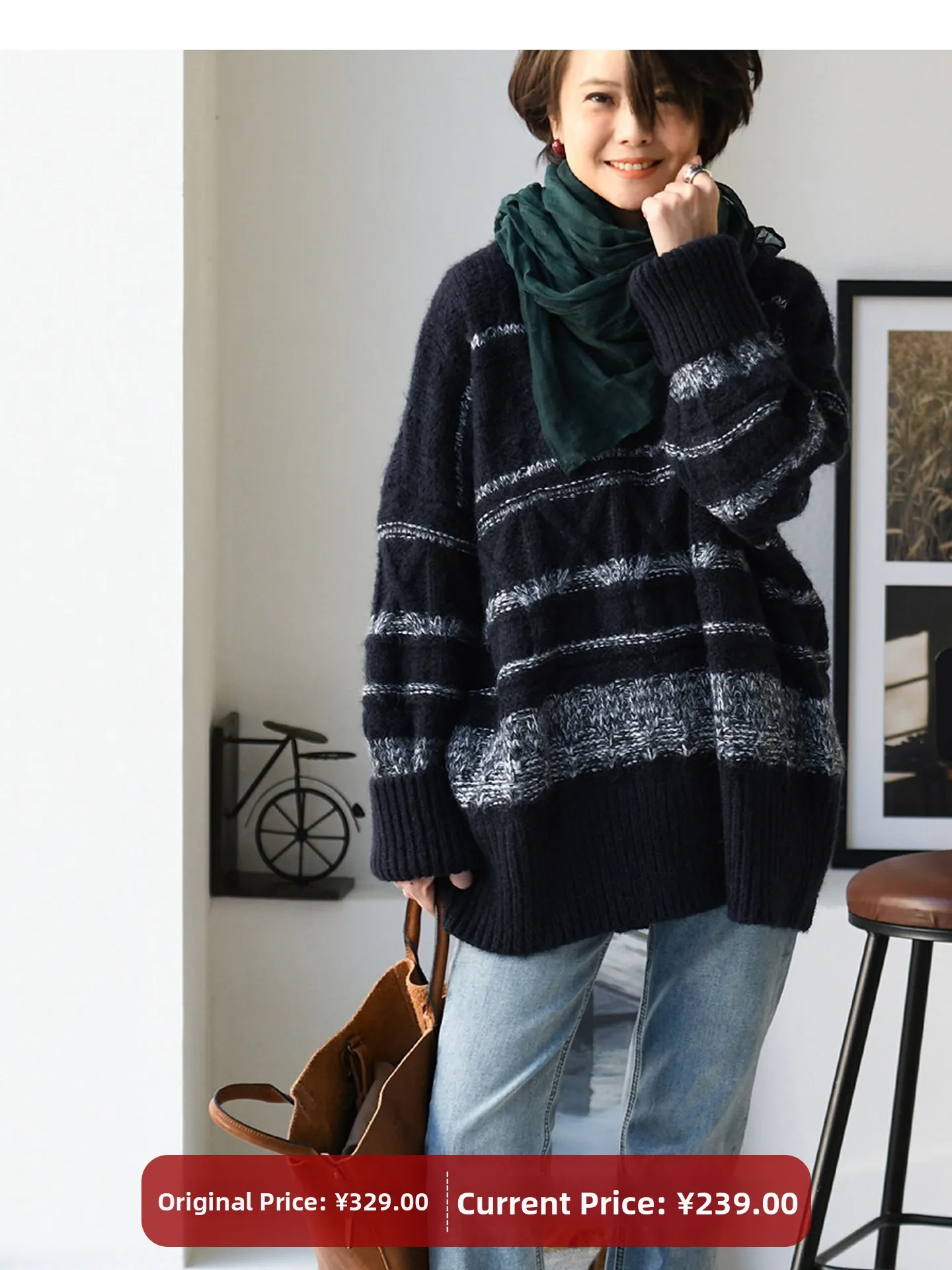 

Casual Large Knitted Sweater Women's Winter Faion Wool Blend Loose Fit Striped Knitwear round Ne Thiened Long Sve