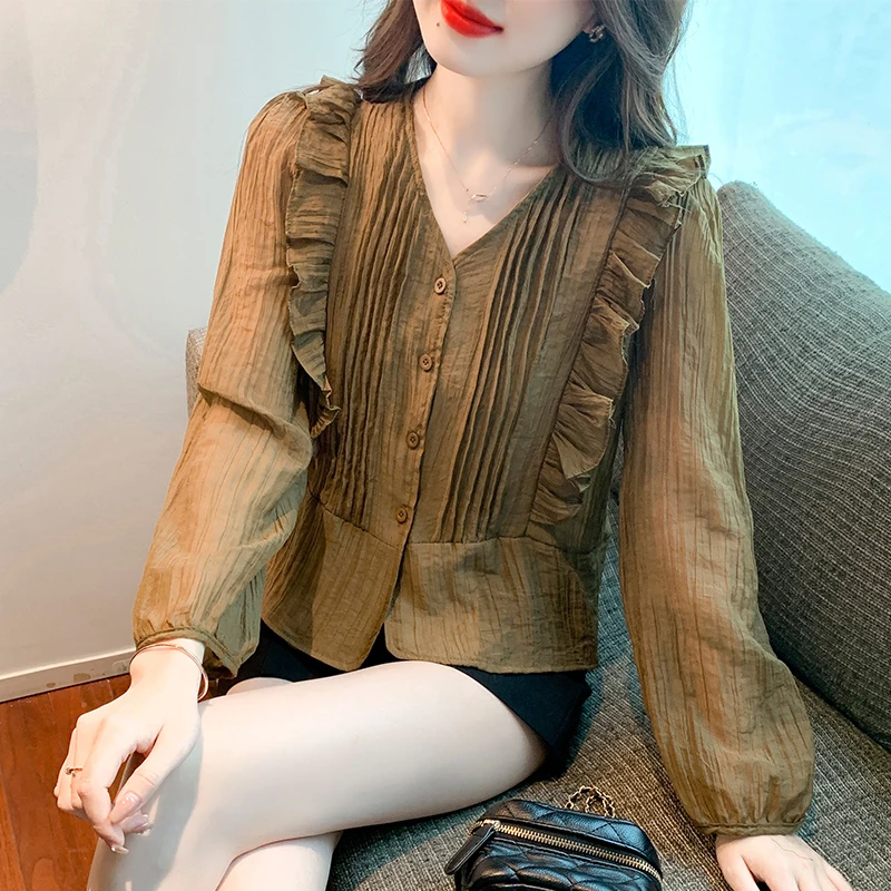 

Shirts Lace V-Neck Women Ruffles 2022 New Elegant All Match Spring OL Lady High Street Casual Gentle Loose Tops