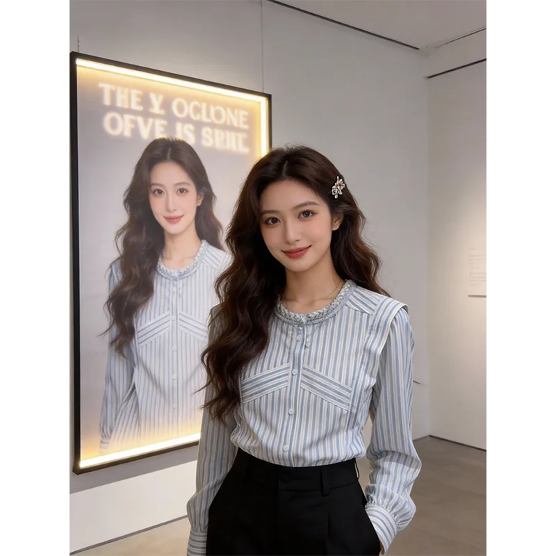 

Новая женская модная уникальная полосатая блузка в корейском стиле с завышенной талией, длинным рукавом и круглым вырезом, Весна 2026