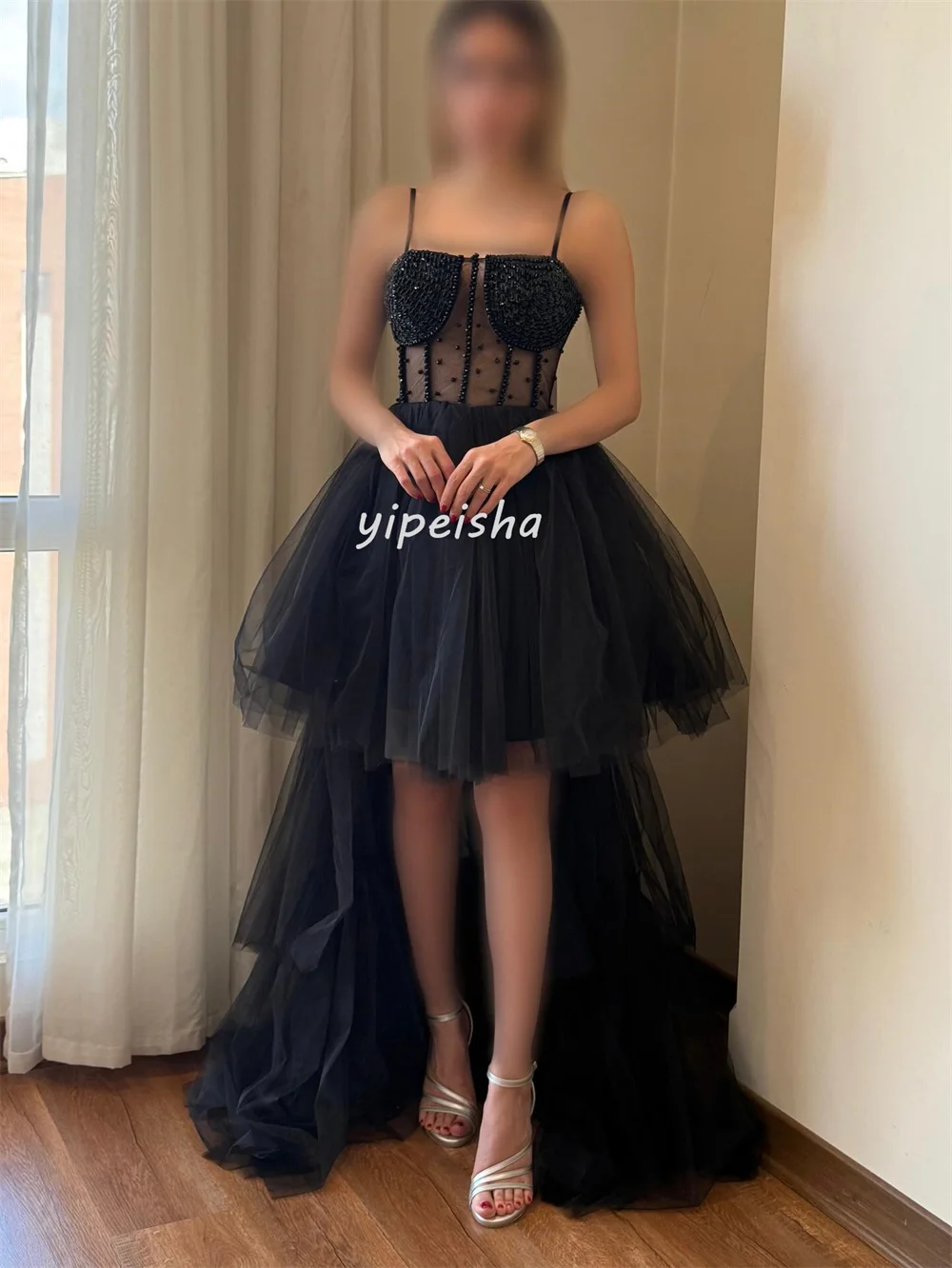 Personalizado Sexy moda tul perla lentejuelas rebordear A-line cuello cuadrado vestidos largos vestidos de ocasión a medida elegante clásico