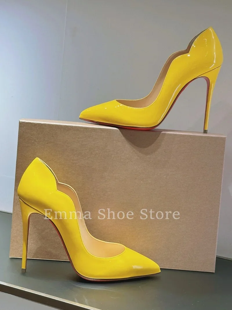 

Classic Shiny Stiletto Heel Pumps Wave Design Patent Leather Pointed Toe Work Shoes High Quality Ladies Dress Shoes Multicolor
