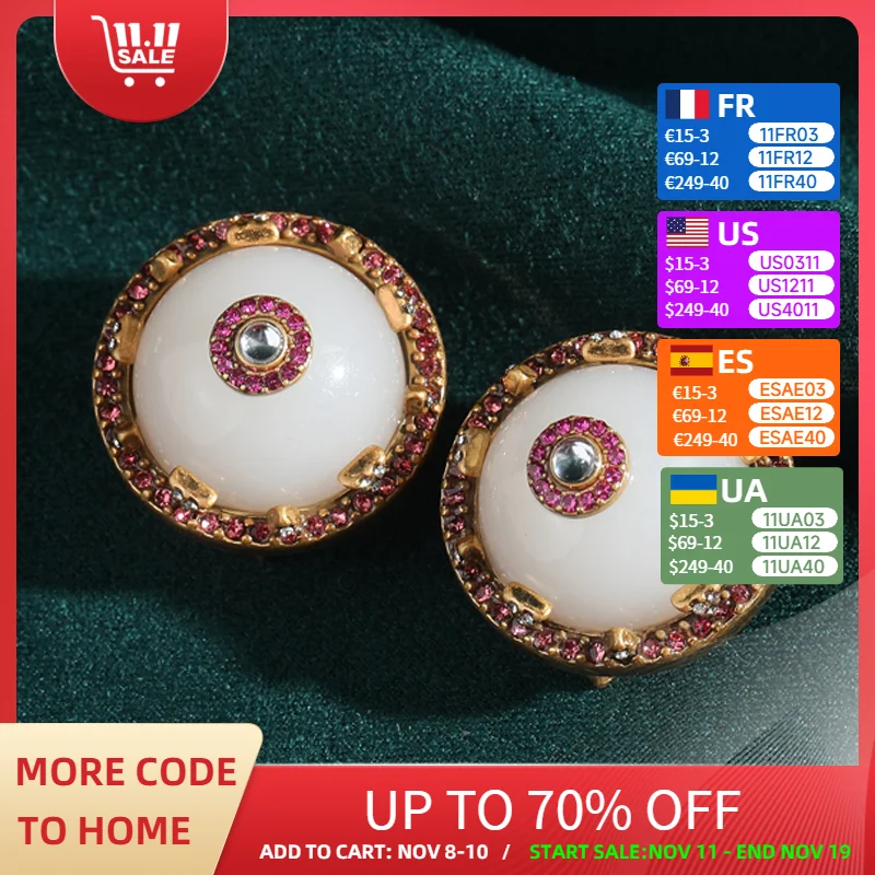 

Vintage White Jade Pink Earrings Stud Rhinestone Round Luxury Brand Jewelry Designers Gold Color Woman Party Accessories 2025