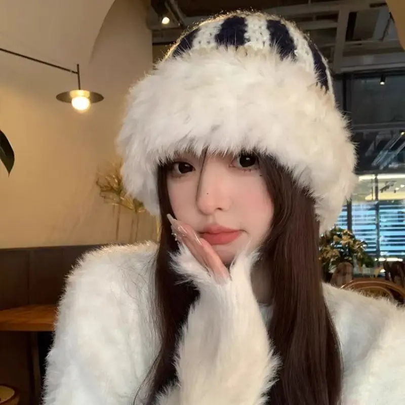 Fisherman Hat Autumn and Winter Rabbit Hair knitted Color Matching knitted Woolen Hat Fashion Show Face Small Warm Hat Woman