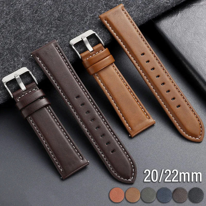 Leather Watch Strap 20mm 22mm Soft Smooth Cowhide Watchband Breathable Calfskin Bracelet Quick Release Replacement Wristband