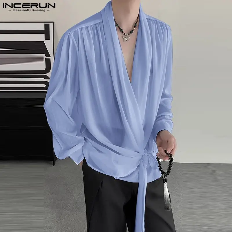 INCERUN Tops 2024 Mens Spring Summer Tie Up Chiffon Slightly Transparent Shirts Casual Streetwear Thin Long Sleeved Blouse S-5XL