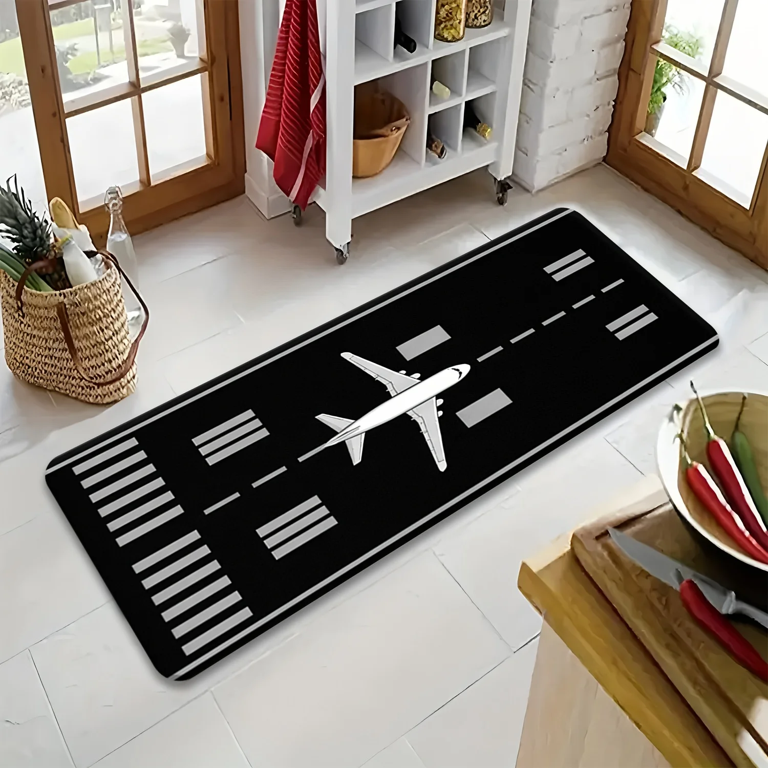 Black Runway Airplane Kitchen Runner Mat Anti Slip White Plane Airport Line Graphic Print Carpet for Kitchen Hall Bathroom Room